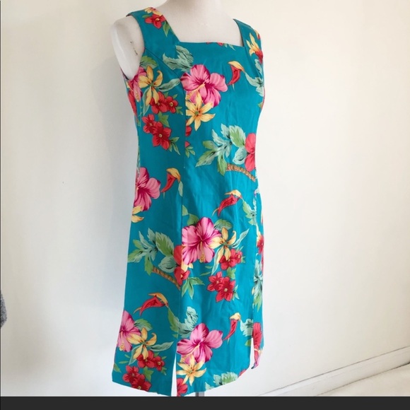 Caribbean Joe Turquoise Floral Cotton Sheath Sundress, size Petite Medium - Picture 2 of 10